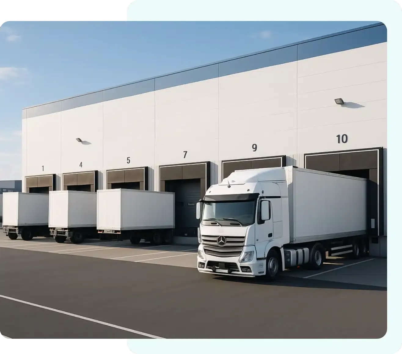 Lkw an den Laderampen eines Logistikzentrums