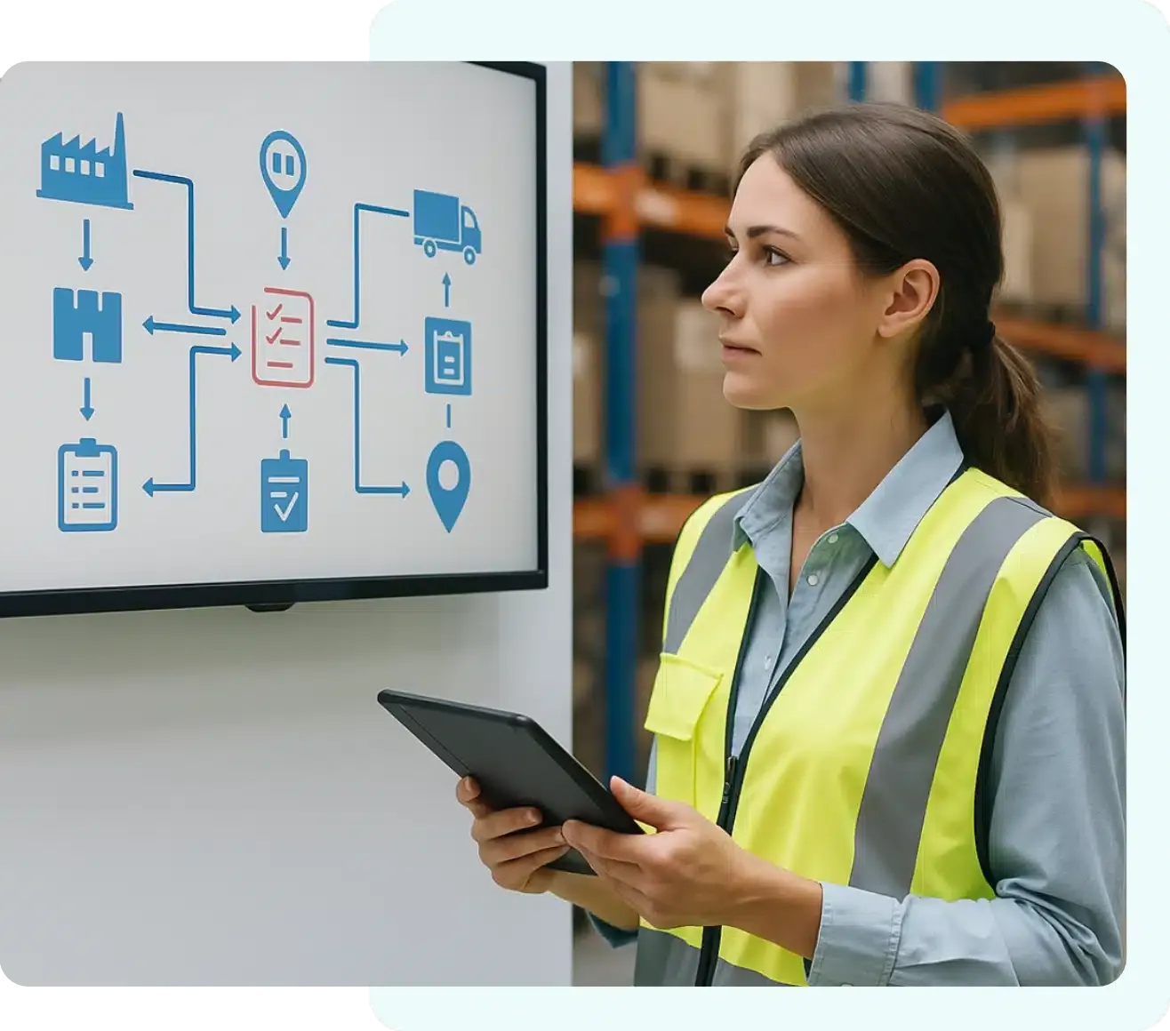 Logistikplanerin vor einem Prozessdiagramm im Lager